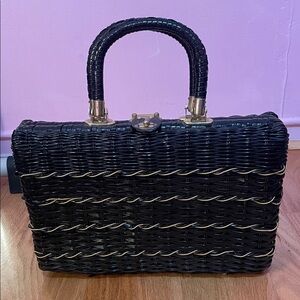 1960s Vintage Black Wicker Purse
